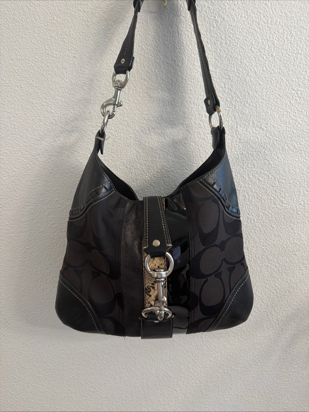 Y2K Coach Hamptons 10260 Black Signature Python Stripe Hobo Shoulder Bag 2006
